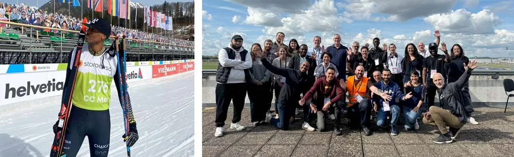 Links: Nzumbe Nyanduga neemt deel aan de kwalificatiewedstrijd 10 km vrije stijl voor mannen op de FIS Nordic Wereldkampioenschappen Skiën 2021. Rechts: Het IKL-team van het IOC in Parijs voor de Technologische Repetitie 2, ter ondersteuning van hun collega's ter voorbereiding op de Spelen van 2024.