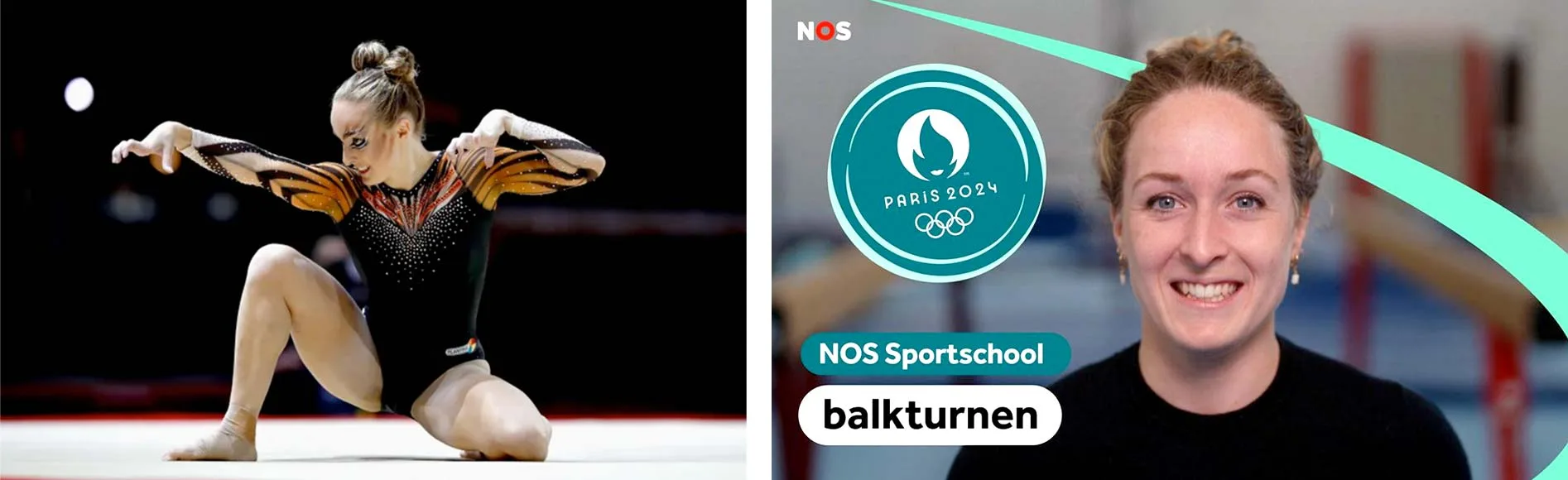 Links: Céline van Gerner voert haar “Cat Floor” routine uit tijdens de individuele vloerfinale voor vrouwen op de Europese Kampioenschappen 2018. Foto door Alex Filipov, CC BY-SA 4.0, via Wikimedia Commons. Rechts: Céline van Gerner in promotioneel materiaal van de Nederlandse televisie NOS als sportcommentator voor het evenwichtsbalkprogramma in Parijs 2024.