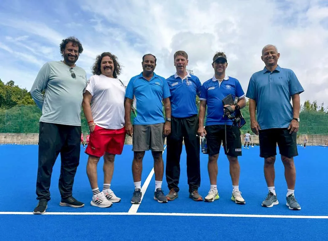 Hockey India selection committee for the Olympic Trials (June 24, 2024). Herman Kruis in the middle with head coach Craig Fulton next to him.